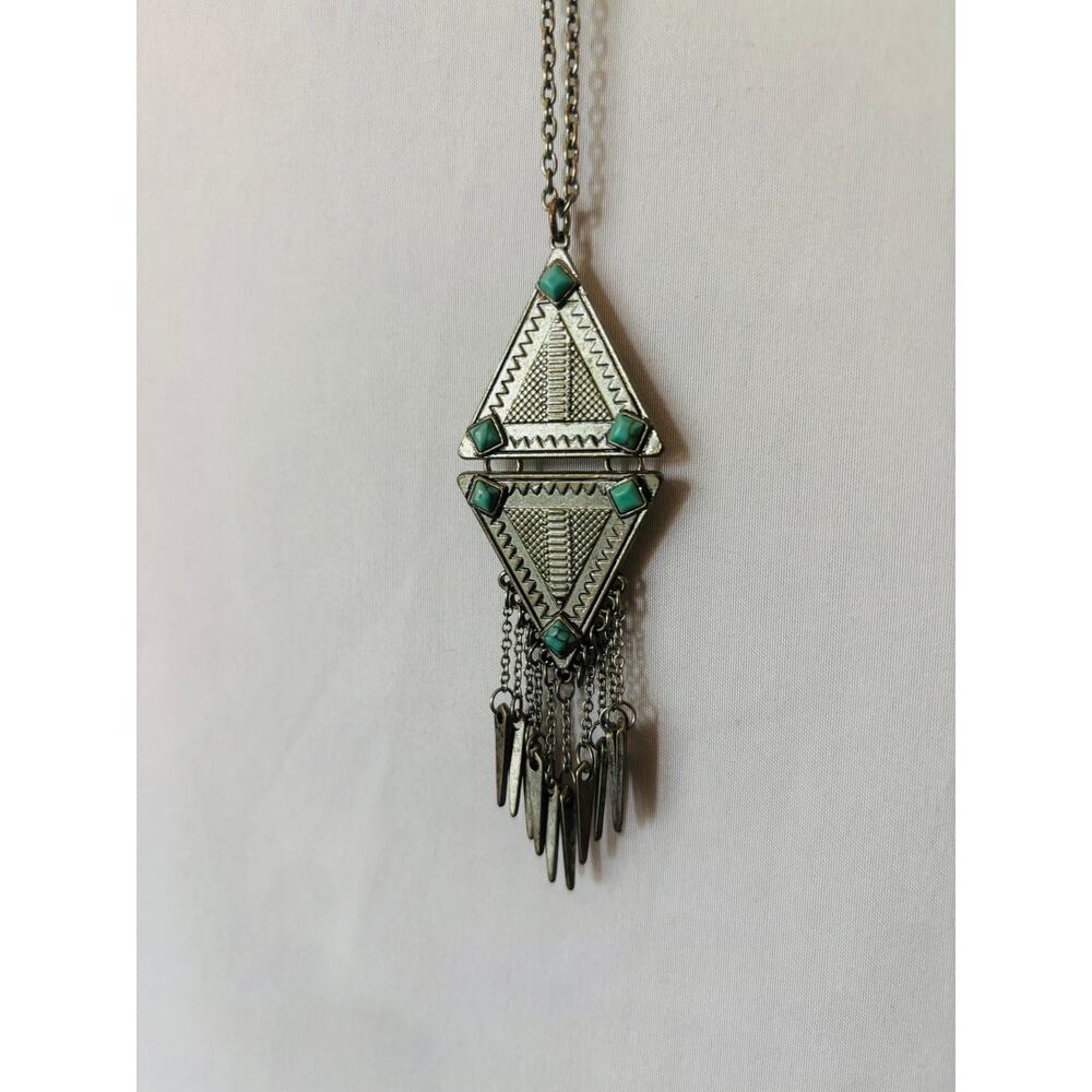 Southwestern Turquoise Color Triangle Fringe Statement Necklace